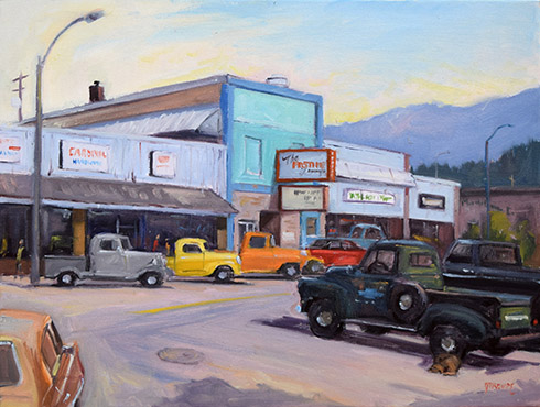downtown libby car show oil painting