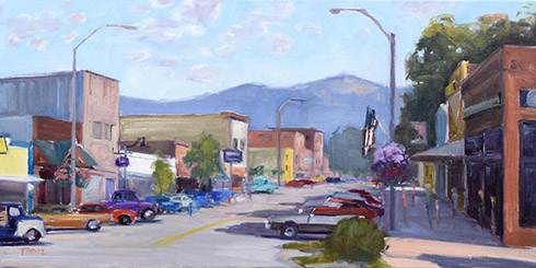downtown polson car show oil painting