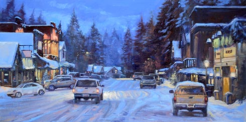 Montana plein air painter painting Winter Oasis: Bigfork